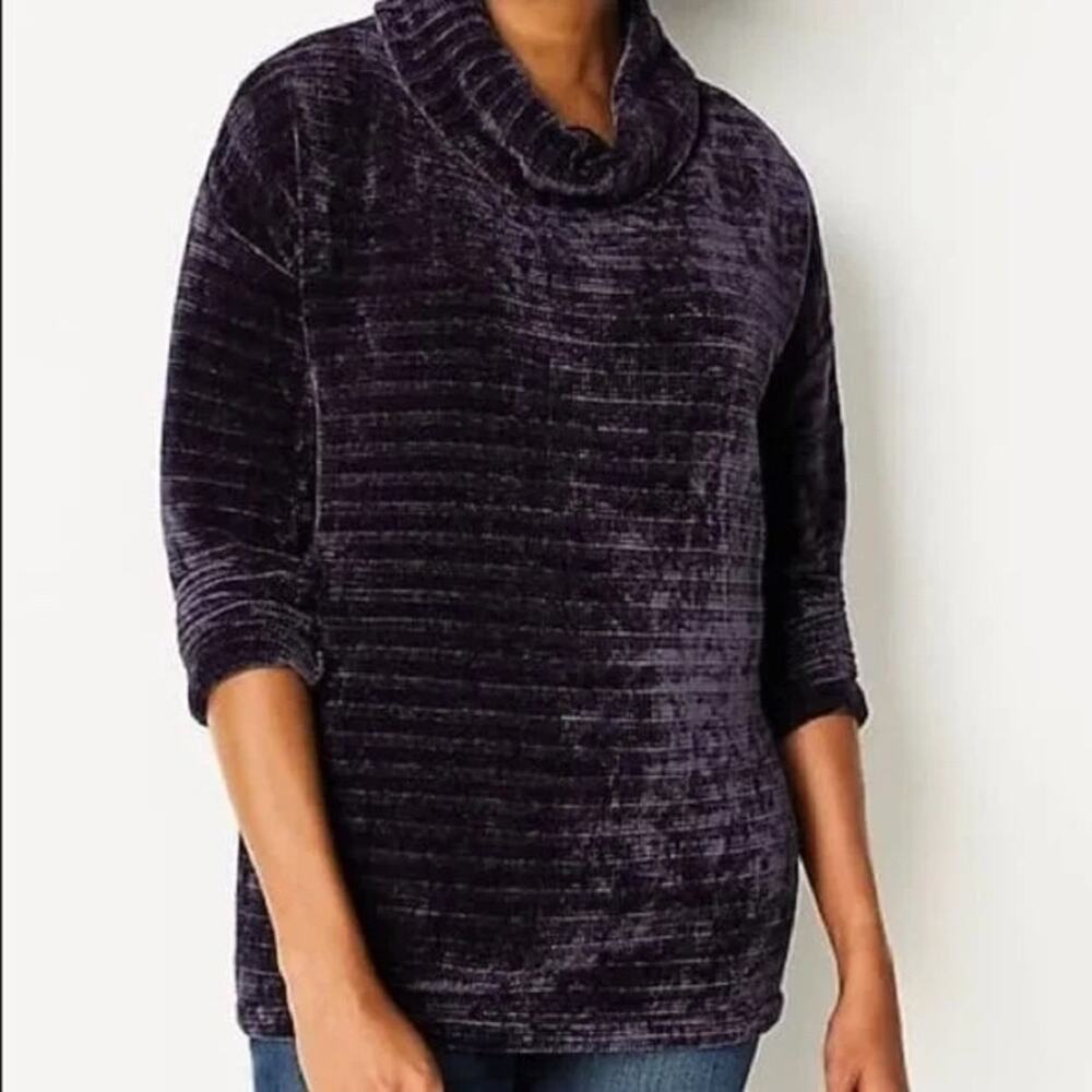 J Jill Chenille Tunic Sweater XL Eggplant Purple Cowl Neck Ribbed Cozy Pullover